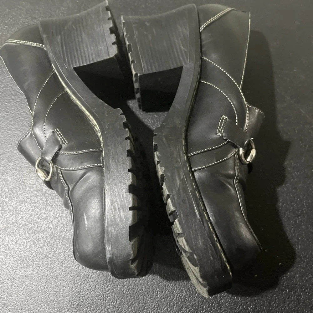Vtg Y2K Black Platform‎ Chunky Heel Loafers Faux Leather Loafer 90s Sz 10.5 Lug - Picture 5 of 8